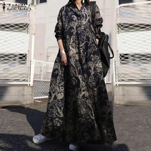 2021 Stylish Sundress ZANZEA Women Long Sleeve Floral Printed Cotton Linen Maxi Dress Kaftan Autumn Vintage Vestido Femme Robe