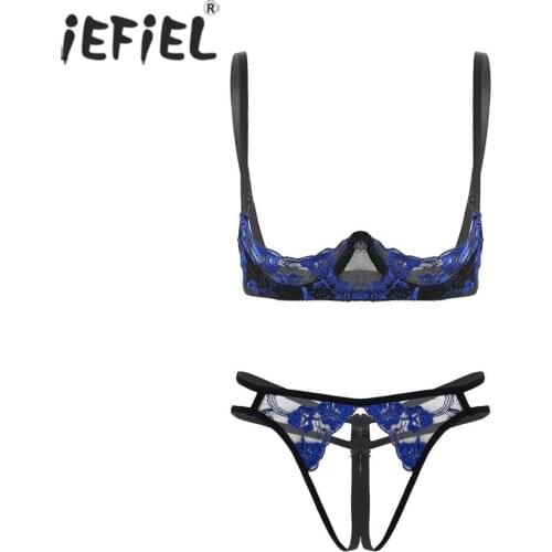 Women Erotic Embroidery Floral Lace Lingerie Set Bare Breasts Underwire Open Cup Push Up Bra Top Crotchless G-string Underwear