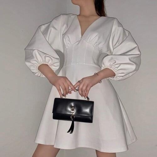 2021 Simple Dress Women Spring Autumn Puff Sleeve Skirt V-Neck Solid Color Long Sleeve Women Clothes