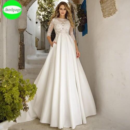 Wedding Dress 2021Boho Vestidos De Novia 3/4 Sleeve Sexy Illusion Lace Appliques Robe Mariage Boda Bride Gown Abito Da Sposa