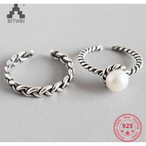 2018 Vintage Twist 925 Sterling Silver Ring With Freshwater Pearl Opening Finger Rings For Women Jewelry