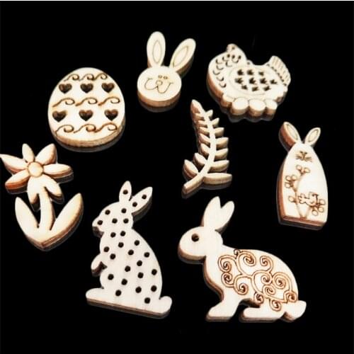 50Pcs Laser Cut Wooden Happy Easter Rabbit Eggs Wooden Craft Hanging Ornaments Party Decor DIY Handcraft Wood Chips Natural