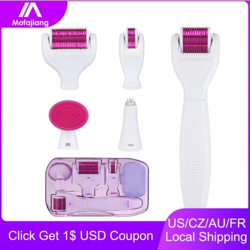 6 in 1 Derma Roller Kit Titanium Dermaroller Micro Needle Facial Beard Growth Skin Care Anti-Aging Body Treatment Microneedle