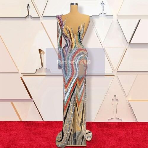Illusion Sparkly Colorful Evening Dress Sheath Full-Length Sequins Prom Dress Slit Gown Dress Formal Party Dress 2020 Dubai