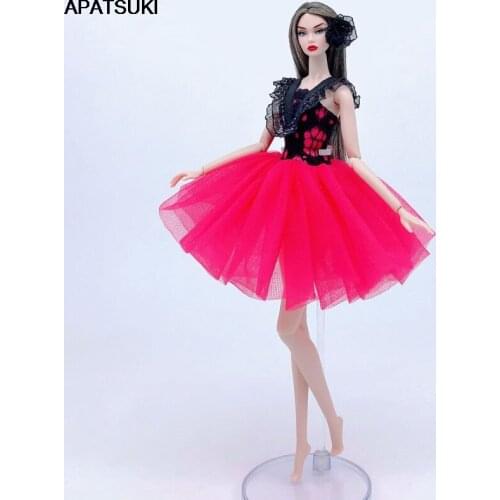 Black Lace Hot Pink Fashion Doll Dress For Barbie Doll Outfits Clothes Short Dresses Party Gown 1/6 Doll Accessories Toy