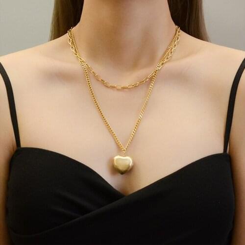 CHUANGU 18k Gold Double Layered Heart Love Pendant Necklace Personality Fashion Long Necklace For Women Jewelry Gift