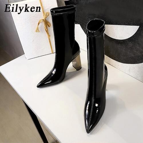 Eilyken New Design Smooth Patent Leather Ankle Boots For Women Shoes High Heel Sexy Pointed Toe Nightclub Pumps Ladies Booties