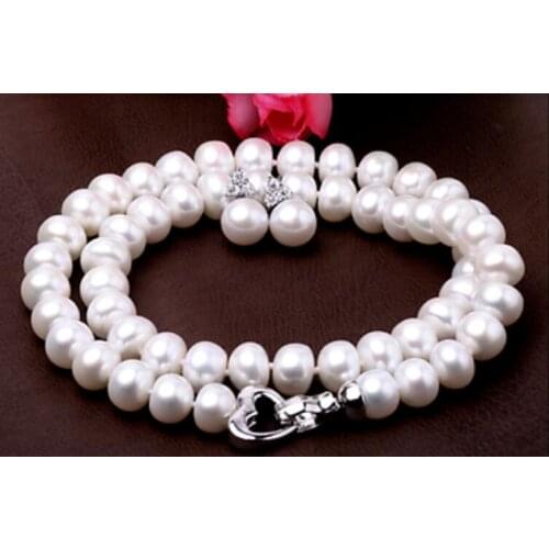 Classic 18" 10-11mm round white pearl necklace &earring