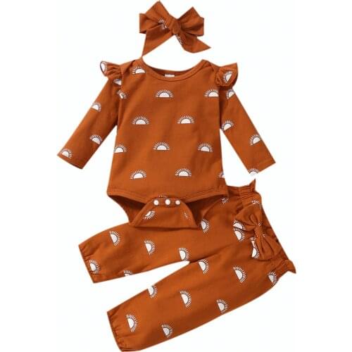 Newborn Toddler Baby Girls Boys Clothes Infant Autumn Fall Set Cotton Sun Print Romper Top Pants Headband Outfits Suit