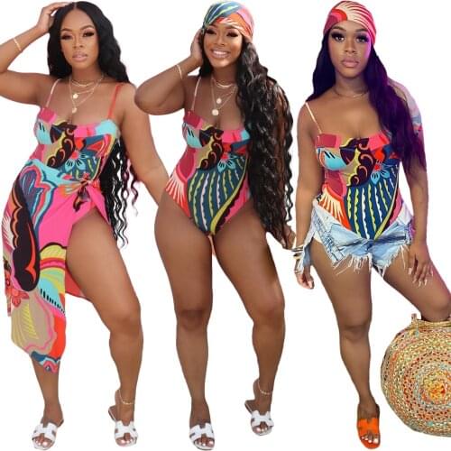 Bikinis Set Women Print Spaghetti Strap Bodysuit Kerchief 2 Piece Sets Sexy Swimsuits Summer Hot Beachwear New Fashion