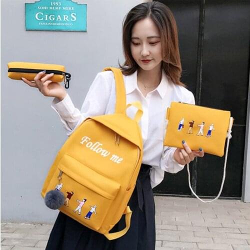 3 Pcs Set Harajuku Trend Womens Backpack Casual Simple School Backpack Cartoon Printing Schoolbag Teen Girls Canvas School Bags
