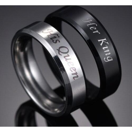 Fashion His Queen Her King Couple Ring Stainless Steel Wedding Ring for Women Men Jewelry Black Silver Color Engagement Gift
