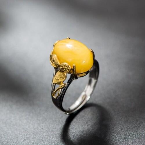 The New Ring Retro Thai Silver Jewelry S925 Sterling Silver Natural Beeswax Gems Blue Lotus Design Wholesale Open Ended Ring