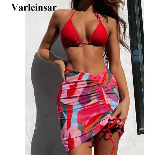 New Printed Halter Thong Bikini Female Swimsuit Women Swimwear Three-pieces Bikini set With Skirt Bather Bathing Suit Swim V3074