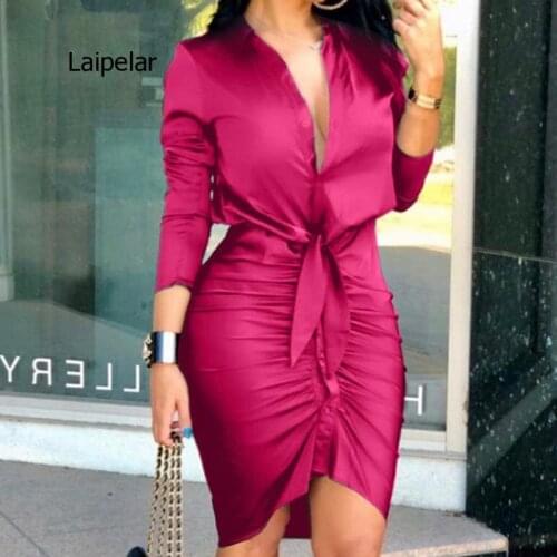 Solid Satin Pleated Lace Up Sexy OL Shirt Dress Women Long Sleeve Turn Down Collar Slim Bodycon Dress