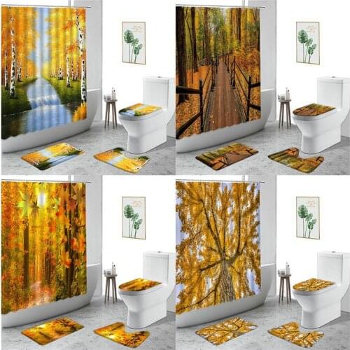 Autumn Forest Landscape Shower Curtains Yellow Fallen Leaves Corridor Bathroom 4-Piece Waterproof Bath Curtains Non-Slip Carpet