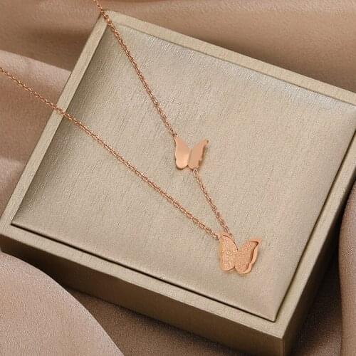 Korean Style Trendy Double Frosted Butterfly Stainless Steel Pendant Necklace For Women Fashion Rose Gold Party Jewelry Female