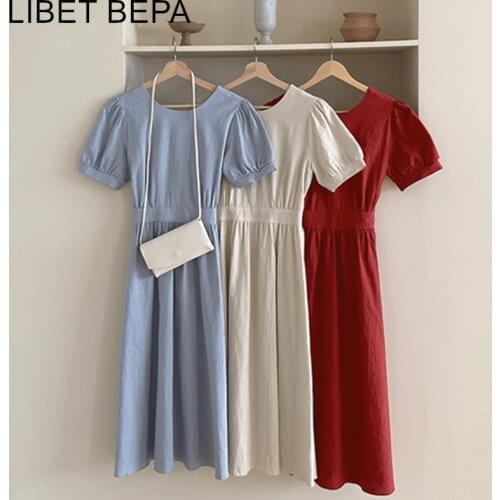 2021 New Summer Women Dresses High Waist Puff Sleeve Holiday Elegant Fashionable Korean Vintage Lace Up Lady Long Dresses DR3356