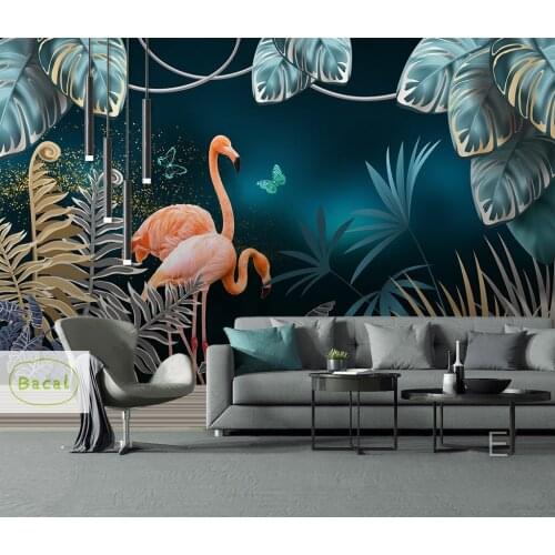 Custom Nordic small fresh flamingo Green Leaf background 3D wall murals wallpaper for living room bedroom papel de parede