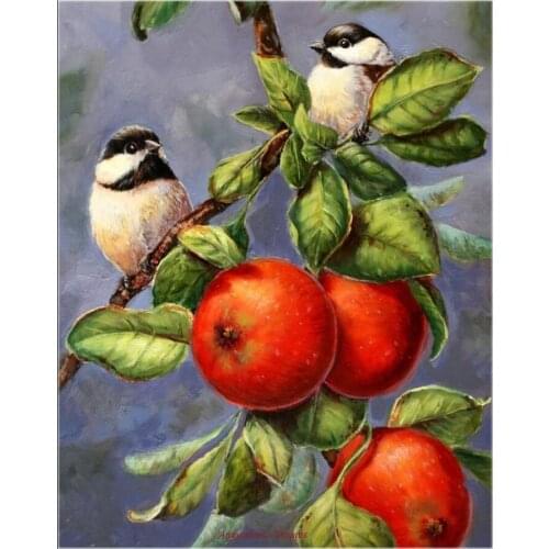 Counted Cross Stitch Kits Needlework Embroidery - 14 ct Aida DMC Color DIY Arts Handmade Home Decor - Chickadees and Apples