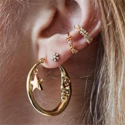 European And American Fashion Gold 4pcs Stud Earring Set Star Moon Flower Crystal Earrings for Women Jewelry Accessories