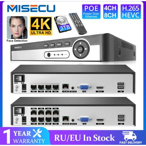 MISECU H.265 4CH 8CH 1080P 5MP 8MP 4K Ultra HD POE NVR Network Face Detect Up to 16CH Video Recorder For Security POE IP Camera