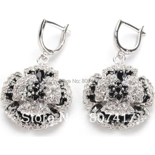SHUNXUNZE Luxury christmas Wedding flower earrings for women Hyperbole gifts Black and White Cubic Zirconia Rhodium Plated R918
