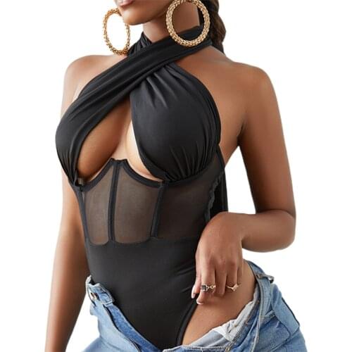 Sexy Bodysuit 2021 Fashion Sleeveless Hollow Out Skinny Romper Bandage Halter Leotard Streetwear Bodycon Jumpsuit Clubwear