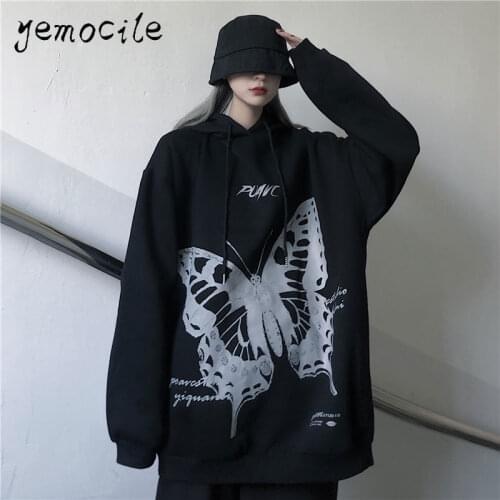 Harajuku High Street Butterfly Print Hooded Sweatshirt Hip Hop Plus Velvet Fleece Warm Hoodies Men and Women 2020 Winter Outwear