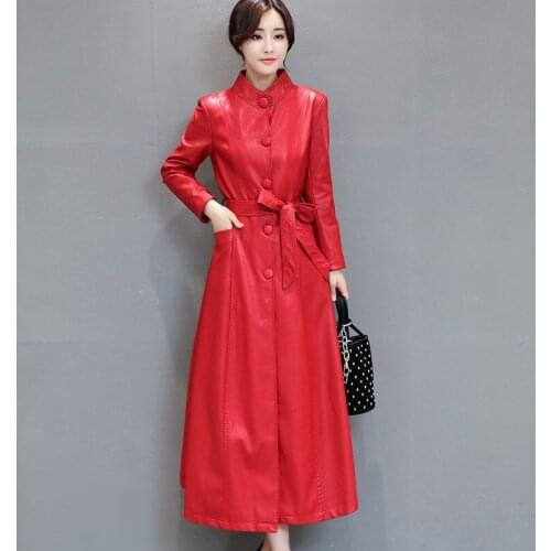 2019 Autumn Winter Long Leather Jacket Women Plus Size 5XL Black Slim Soft Leather Trench Coat Leather Clothing Female Outerwear