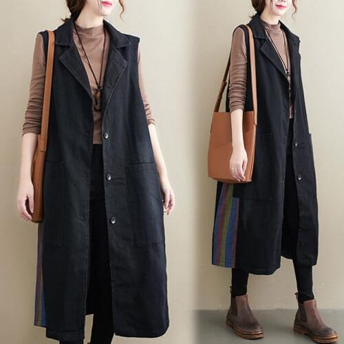 Striped Stitching Sleeveless Denim Windbreaker Plus Size Womens Breasted Suit Collar Mid-Length Waistcoat Autumn Vest Y487