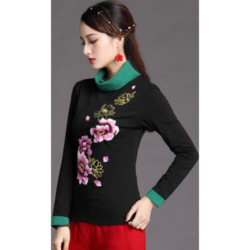Cheongsam Womens Plus Size Short Tops 2021 Summer Fashion Cotton Blend Embroidery Splicing Turtleneck Chinese Qipao Shirts Woman