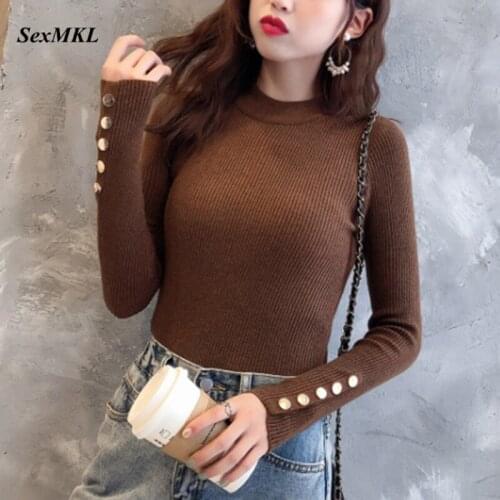 Women Basic Winter Sweaters 2020 Fashion Long Sleeve Casual Black White Pullovers Korean Clothes Elegant Button Knitted Tops