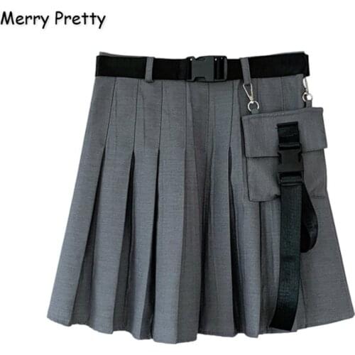 Merry Pretty Womens Sashes Solid Pleated Skirts 2019 Autumn Hight Waist Black/Gray Mini Skirts Women Side Pockets Design Skirts