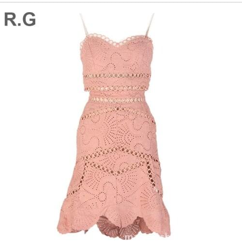 RG Sexy Women Lace Two Piece Summer Set Hollow Out Design Bra Straps Crop Top Fishtail Skirt vs Pink Women 2 Piece Suit Sets