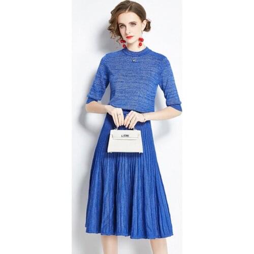 Autumn Winter Womens Suit Half Sleeve Thick Knit Sweater Top Pleated Skirt Two-Piece Set Office Lady Elegant Outfits k9836