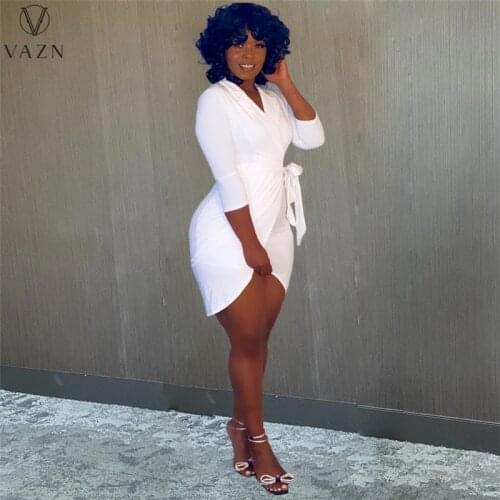 VAZN 2021 Autumn Asymmetrical Overalls Solid Dress Sweet Young Sexy Style Full Sleeve High Waist Young Vestidos For Female