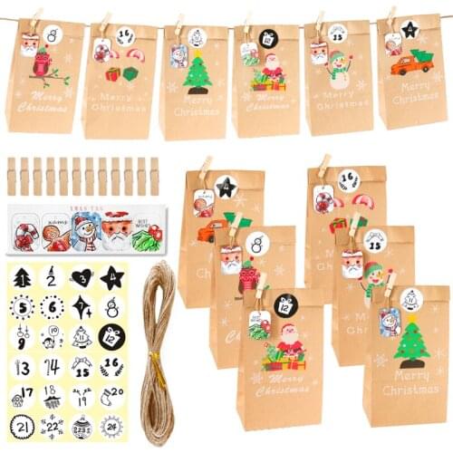 24sets Kraft Paper Bag Advent Calendar Christmas Gift Bag with Number Sticker Xmas Party Cookie Candy Bag Gift Wrapping Supplies