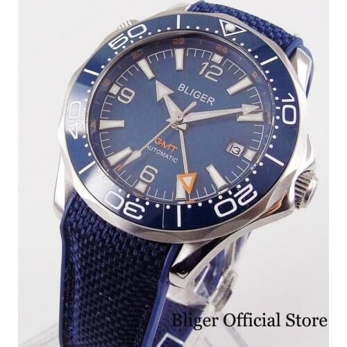 BLIGER Brand Self Winding Men Watch Sapphire Glass Blue Dial Rubber Strap GMT Model Ceramic Bezel