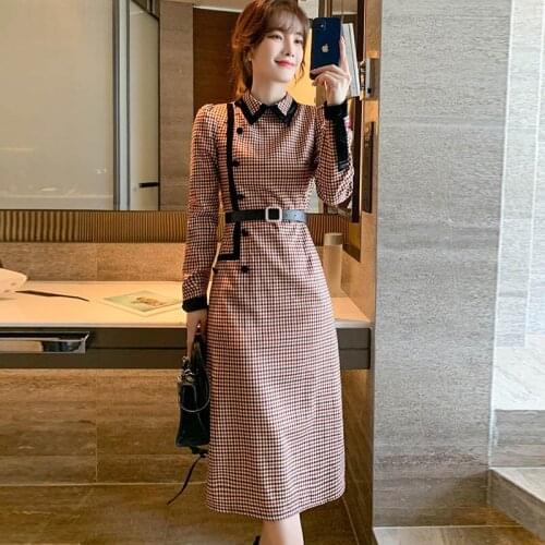 One Piece Chinese Lady Vestidos 2021 Spring New Slim Woman Office Temperament Plaid Dress Women Lapel Velvet Patchwork Dresses