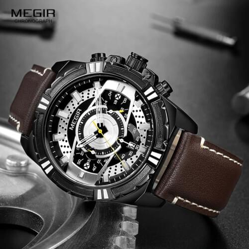 MEGIR Mens Chronograph Sport Quartz Watches Leather Strap Top Brand Luxury Army Wristwatch Relogios Masculino Clock 2118 Black
