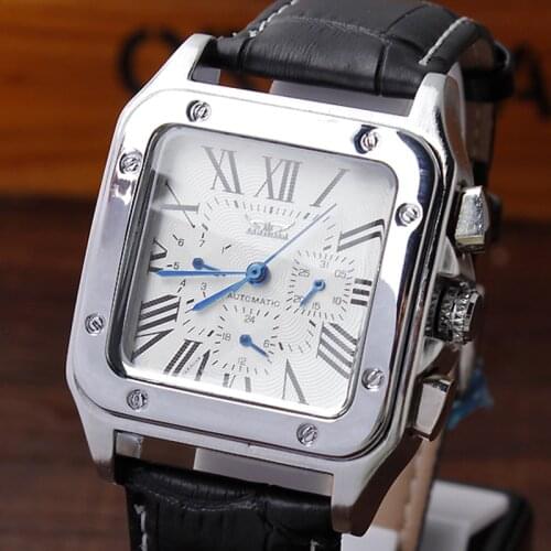 Simple Automatic Mechanical Self-Winding Men Wrist Watch Calendar Display Roman Numbers Analog Black Leather Strap Gifts