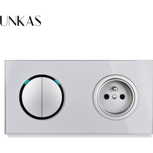 UNKAS 2 Gang 1 Way / 2 Way + Gray French Standard Electric Socket Grey Tempered Crystal Glass Panel 172MM*86MM Wall Power Outlet