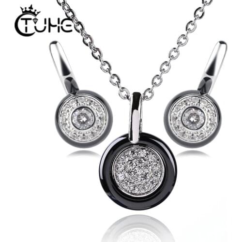 Crystal Pendant Necklace Stud Earrings Cubic Zircon Trendy Christmas Gift Healthy Ceramic Material Jewelry Sets Women Band Gift