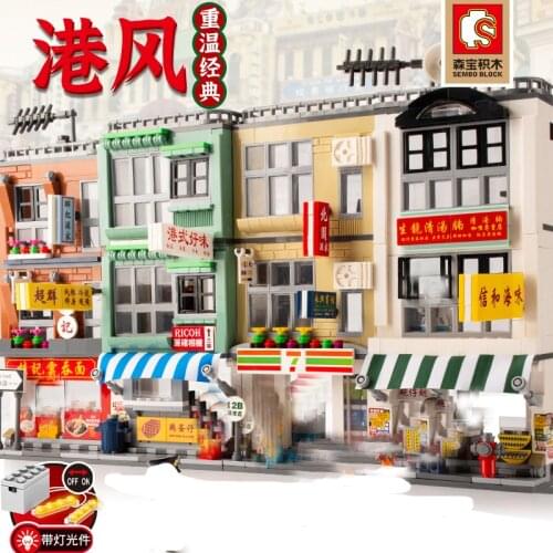 Sembo MOC Building Blocks With Light Hong Kong Stalls Retro Food Store Street View House Model Bricks Kids Toys For Children