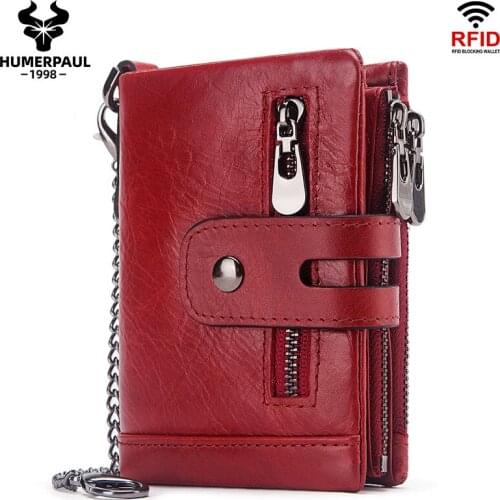 RFID Anti-Theft Swipe Card Wallet Tri-Fold Multi-Card Leather Lady Leather Wallet Coin Purse Compact Mini Card Holder Chain Coin