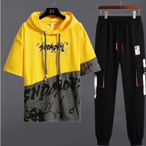 Summer Hip Hop Mens Sets Harajuku Fashion Men Joggers Set Casual Hooded Tracksuit+Elastic Waist Trousers Men Clothing 2Pcs Sets