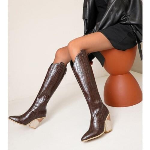 Fashion Wedges Cowboy Women Boots Sexy Pointed Toe Thick Heels Side Zip Leather Knee High Boots 2021 Autumn New Boot Female