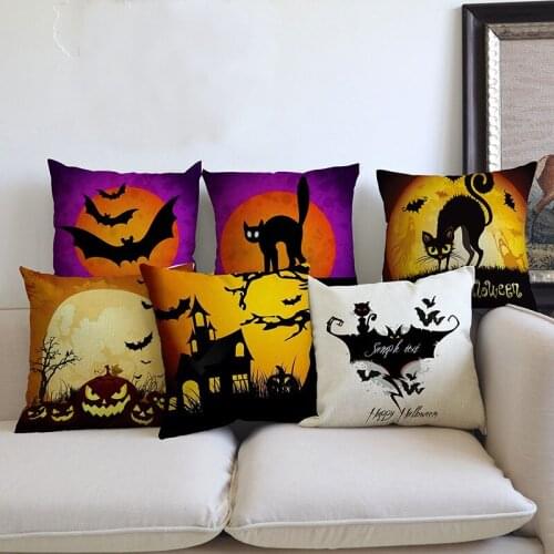 Happy Halloween Pumpkins Skeleton Bats Cat Pattern Throw Pillow Case Home Sofa Chair Festival Decoration Cushion Cover 45x45cm