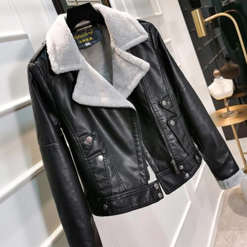 2020 New Autumn Winter Womens Thick Slim Motorcycle Jackets Female Turndown Collar Long Sleeve Solid Pu Leather Jacket
